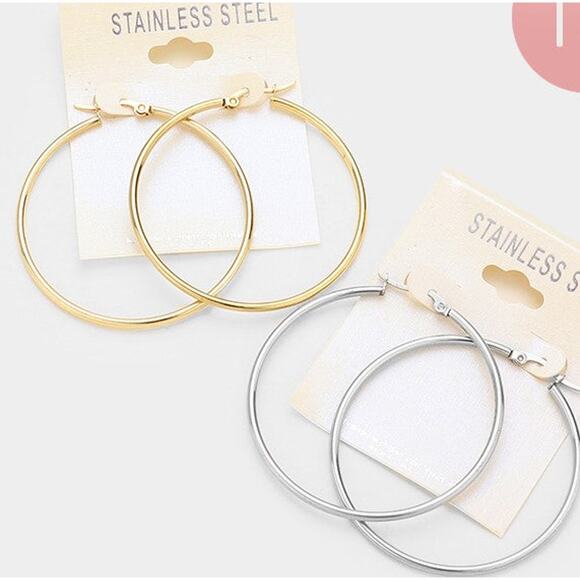 Stainless Steel 2" pierced silver or gold hoop earrings - Picture 1 of 4